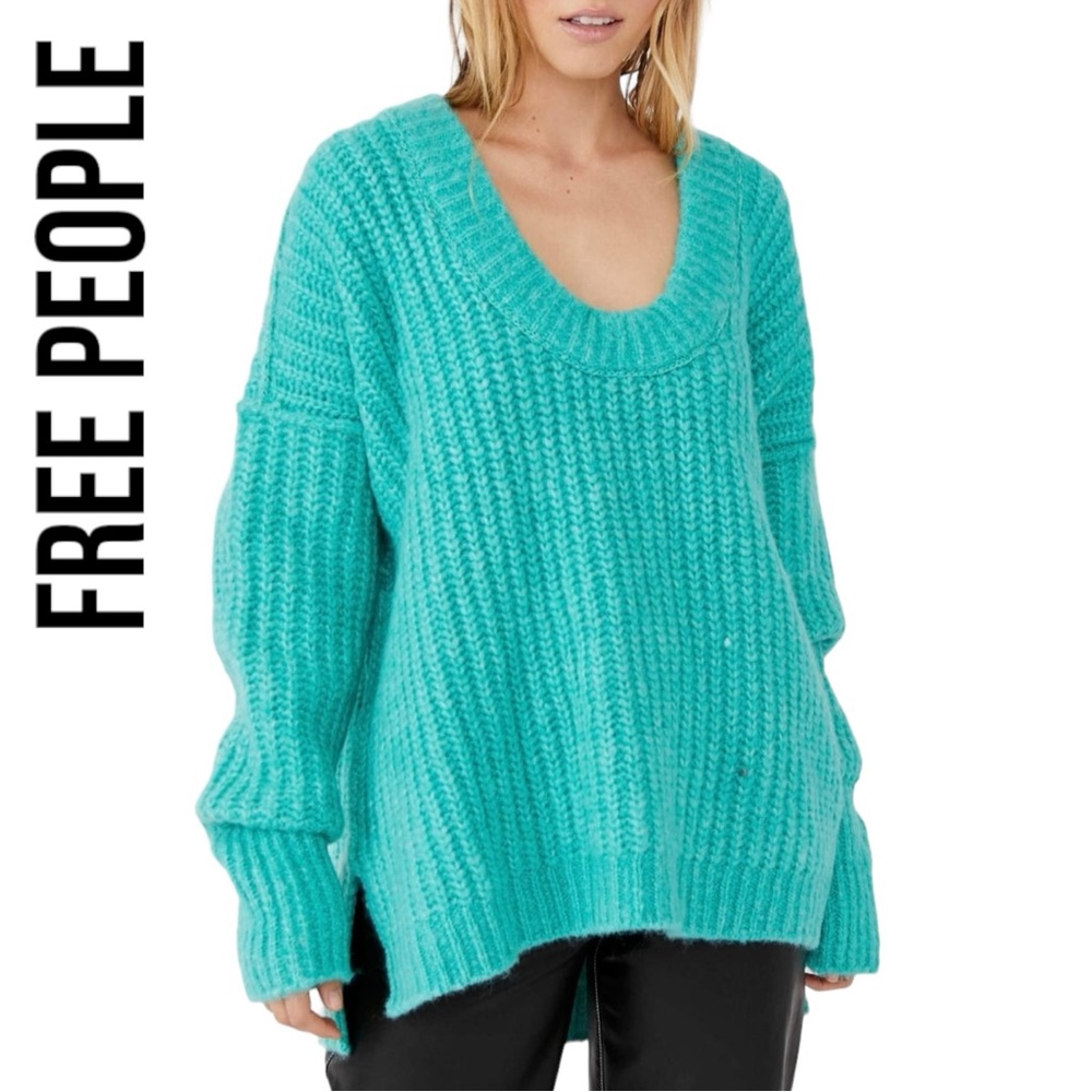 Free People NWT Blue Bell V-Neck Oversized Sweater ~ Electric Teal ~ XL